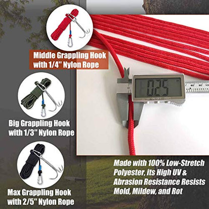 Grapple Hook with Rope-Includes Nylon Rope 6/8/10mm 50FT,Functional Grappling Hook and Double Carabiner,for Magnet Fishing/Drag/Tree Limb Removal - style: Middle+1/4″rope-red