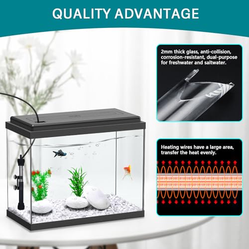hygger ETL Certification Aquarium Heater, 50W/100W/200W/300W Submersible Fish Tank Thermostat Heater with Firm Double Pair Suction Cups for Coral Saltwater and Freshwater Tank with Thermometer (50W) - size: 50W