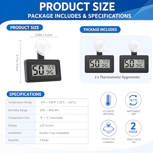 2 Pcs Suction Cup Reptile Thermometer Hygrometer, Fast-Read °F/°C Digital Temp&Humidity Gauge for Terrarium Tank Enclosure,for Gecko,Bearded Dragon,Snake,Tortoise,Hermit Crab,Jumping Spider (Black) - color: Black