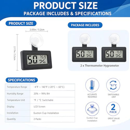 2 Pcs Suction Cup Reptile Thermometer Hygrometer, Fast-Read °F/°C Digital Temp&Humidity Gauge for Terrarium Tank Enclosure,for Gecko,Bearded Dragon,Snake,Tortoise,Hermit Crab,Jumping Spider (Black) - color: Black