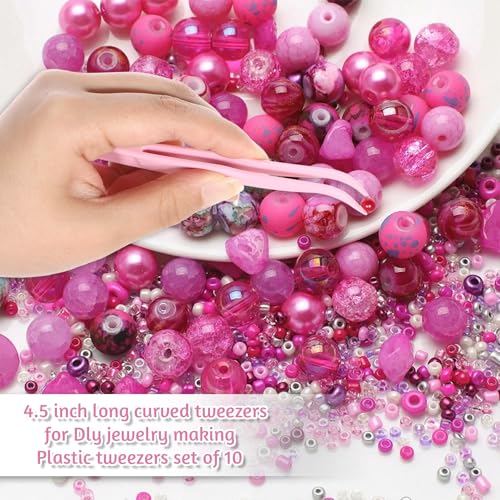 10 Pcs Bent Plastic Tweezers, Kids 4.5 Inch Craft Tweezers Long Sticker Tweezer for Kids Crafting, DIY Jewelry Making, Stickers, Bead Bracelets, Feeding Reptiles, Baking Decoration (Pink)