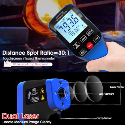 Pyrometer AI-1600APP, -58℉~2912℉ High Temp Thermometer Gun D:S=30:1 Dual Laser Industrial ir Thermometer Gun w/Touch Buttons, Rechargeable Can be Connected to Phone APP (NOT for Human Temp)