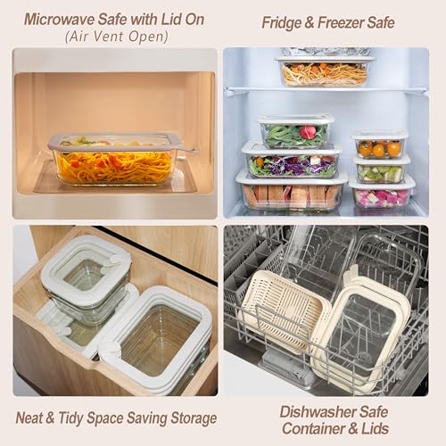 Glass Food Storage Containers with Glass Lids, Microwave Safe Food Container Set, Aitight Meal Prep Container Set, LeakProof, 100% Plastic Free, 6 Pack - color: Ivory White - 6RT