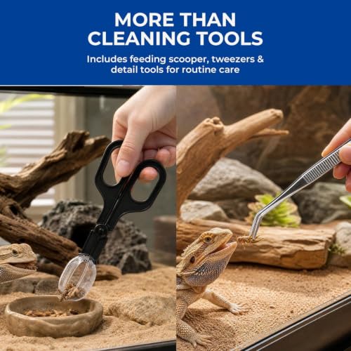 Bearded Dragon Tank Cleaning Kit with Dustpan Brush Feeding Tongs | Bearded Dragon Enclosure Cleaner for Lizard Gecko Snake Turtle Frog Home Terrarium Enclosure