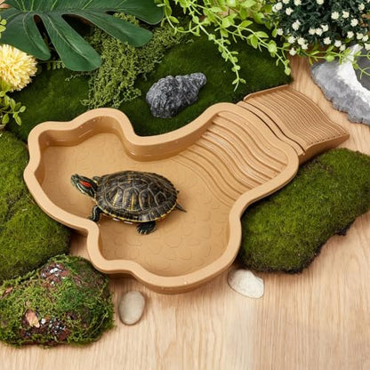 Reptile Bathing Pool with Ramp and Climbing Stairs 26.7x28x4.2cm Large Tortoise Food Water Dish Reptile Feeding Bowl Aquarium Ornament for Lizards, Geckos, Snakes, Bearded Dragons