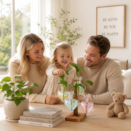 Plant Terrarium Propagation Stations: Colored Vase with Wooden Stand | 4 Irised Crystal Glass, Heart Shaped, Home Table Decor, Birthday Gifts for Plant Lovers Women Mom Wife - color: Colored