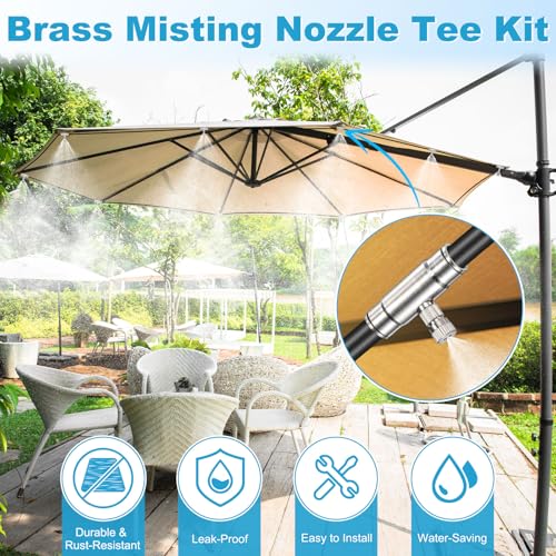 M METERXITY 20-Pack Brass Misting Nozzle Tee Kit, 0.4mm Orifice Dia. High Pressure Spray Misting Nozzle Head, Slip Connectors for 3/8 Inch Drip Irrigation Tubing Kit Outdoor [3/16" Threaded] - size: 0.4mm