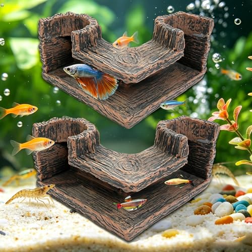 2 Pcs 90° Corner Fish Cave Viewing Tunnels, Compatible with Aquarium Cave | Featuring a Natural-Looking Wood-Like Design Made of BPA-Free Premium Resin, Fish Tank Hideout, Safe Corner Tank Decor