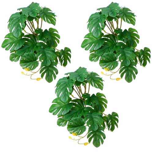 3 Pack Reptile Fake Plants for Terrarium Snake Habitat Decor Plant | Artificial Hanging Plants with Suction Cups Monstera, Terrarium Habitat Decor for Bearded Dragons Lizards Snake Geckos Frogs