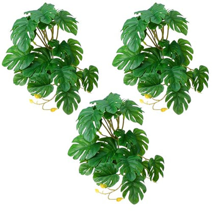 3 Pack Reptile Fake Plants for Terrarium Snake Habitat Decor Plant | Artificial Hanging Plants with Suction Cups Monstera, Terrarium Habitat Decor for Bearded Dragons Lizards Snake Geckos Frogs