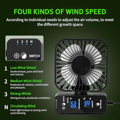 4" Grow Tent Clip Fan with Temperature & Humidity Control, LCD Display, Oscillating Fan for Hydroponics