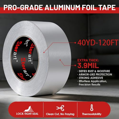 ETERART Aluminum Foil Duct Tape, High-Temp Seal for HVAC,2" x 40Yds | Heavy Duty, Patching,Air Ducts,Metal Repair, Foamboard,Insulation,Dryer Vent and More,Silver, easy to apply, residue-free - size: 2 Inches x 40 Yards