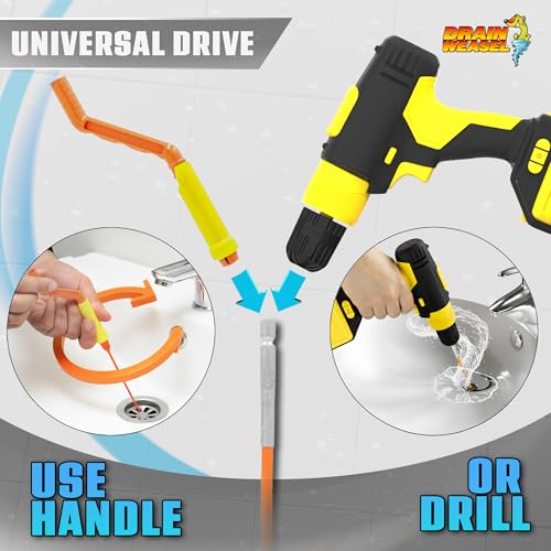 FlexiSnake Drain Weasel PowerSnake Drain Hair Clog Remover Tool, 3 Wands | 36" Long Refills, Plumbing Snake Auger for Cleaning Shower, Tub, Bathroom with Drill Connector, Rotating Handle, Made in USA