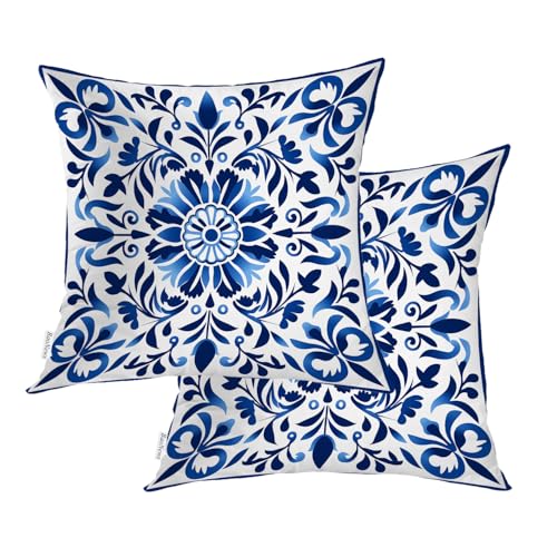 Floral Blue Throw Pillow Covers, Square Tile with Intricate Blue Cushion Cases Digital Blended Hidden Zipperl Decorative Pillow Covers Square 16X16 in 2 Pcs - color: Blue Floral Blue 12, size: 16" x 16" (Pack of 2)