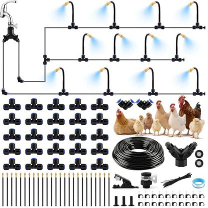 Kalolary 100FT Chicken Coop Misting Cooling System for Cooling Poultry | Pre-Assembled Kit with 25 Adjustable Brass Nozzles, Quick Connect Tubing Fittings for Summer Heat Garden Greenhouse Patio - color: 100FT Blue