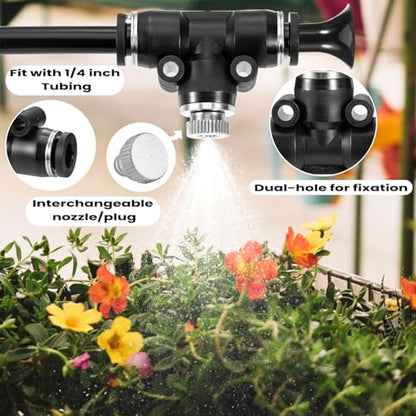 48 Pcs Misting Nozzles Kit,0.012 Orifice (0.3 mm) Mister Nozzles | Brass,10/24 UNC Nozzles,1/4 Inch Sliding Lock Tees for Outdoor Cooling System 20 Tees,20 Nozzles,4 Brass Plugs,4 Black Plugs - size: 48 Pcs Misting Nozzles Kit