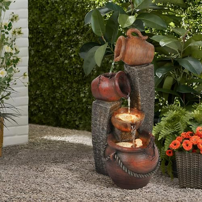 LuxenHome 32" Outdoor Water Fountain, Cascading Resin Garden Fountains | Farmhouse Outdoor Fountains with LED Lights, Built-in Pump, Indoor and Outdoor Use Water Fountain Outdoor