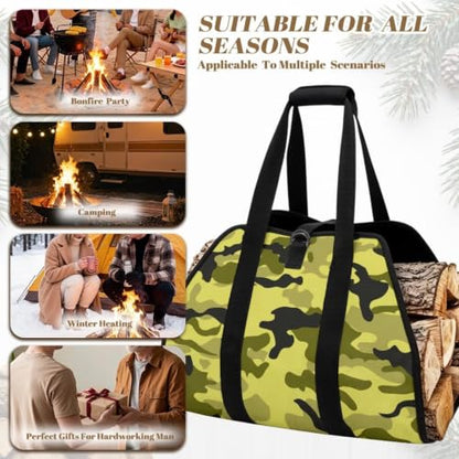 Camo Print Padded Handle Firewood Carrier | Water Resistant, Lightweight Foldable Design, Large Capacity, Easy Transport, Indoor Outdoor Firewood Holder - color: Lime Light Green Soft Camo Print