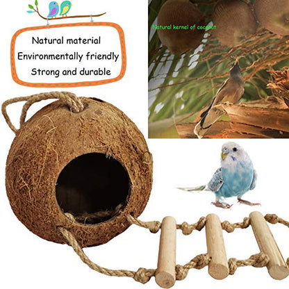kathson 5PCS Bird Hides Coconut Nest with Ladder Perches Hanging Parrot House Cage Natural Coconut Fiber Parakeet Chewing Toys Intelligence Training Rings for Small Budgies Cockatiels