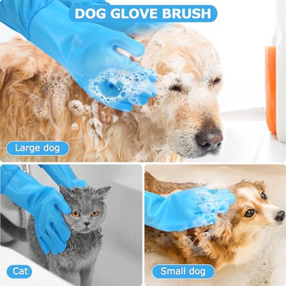 Dog washing gloves | Pet grooming gloves | Extra Long Arms 17.3in (blue) | This pet hair removal glove is made of thickened waterproof silicone and features scratch and bite resistance. - color: blue