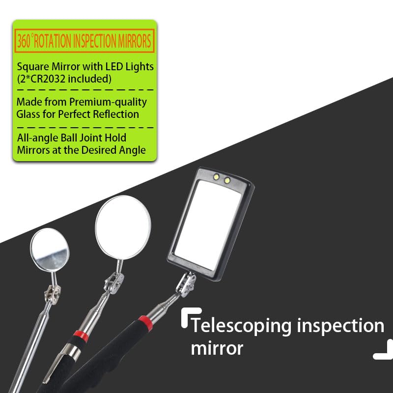 7 Pack Telescoping Magnetic Pickup Tool Set | 3Pcs Round and Square Inspection Mirror Telescoping with LED Lights, 4Pcs Magnet Stick Best Gadgets Gifts for Men - size: 7