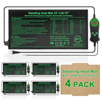 Seedling Heat Mat with Built-in Thermostat 4 Pack, 10" x 20.75" Waterproof Plant Heating Pad with Temperature Controller for Hydroponic,Germination, Indoor Gardening, Greenhouse, MET-Certified - size: 20x10.75*4