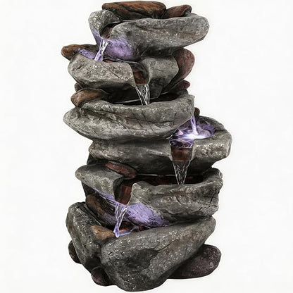 20" H Rock Outdoor Water Fountain with LED Lights | Unique 5-Tier Cascading Waterfall for Garden Patio Yard, Weather-Resistant Polyresin Water Feature for Tranquil Zen Oasis - color: 20"h-rock Gray