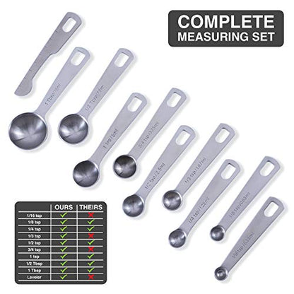 BALCI Stainless Steel Measuring Spoons - Set of 9 + Leveler | Heavy duty 18/8 stainless steel measuring spoon set with US & metric measurements for dry and liquid ingredients. - size: 9 Spoons and Leveler