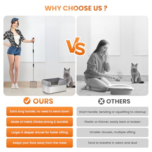 Cat Litter Scoop 43 inch Metal Litter Scooper with Stainless Steel Long Handle, Upgraded Large Kitty Box Scooper Heavy Duty Deep Shovel for Fast Sifting, Dog Waste Scooops for Outside Pet Poop