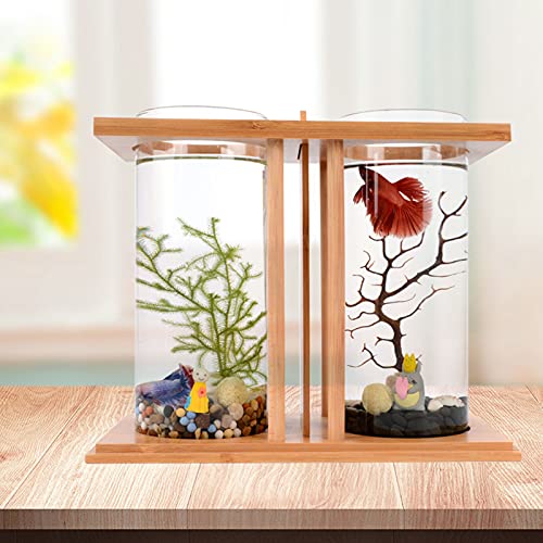Creative Bamboo and Wood Ecological Fish Tank Creative Fish Tank Small Fish Tank Betta Fish Tank Aquaponic Fish Tank with Dual Glass LED Divider Wood Base DIY Landscape Desktop Aquarium