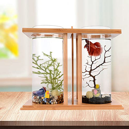Creative Bamboo and Wood Ecological Fish Tank Creative Fish Tank Small Fish Tank Betta Fish Tank Aquaponic Fish Tank with Dual Glass LED Divider Wood Base DIY Landscape Desktop Aquarium