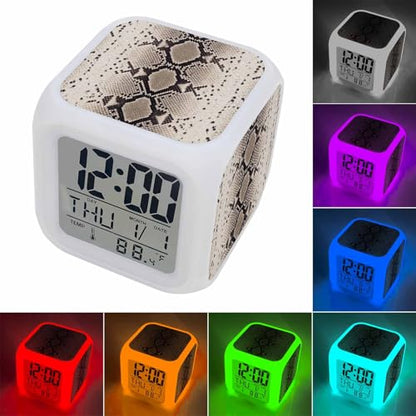 Snakeskin Print Alarm Clock, Boho Brown Beige Reptile Scales Animal Texture Digital Clock Night Light with 7 Color, Calendar Temperature 12/24H Display, Snooze Model Silent Desk Clocks for Bedroom