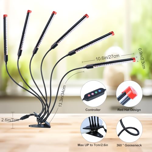 FECiDA Gamechanger 2026 54 Watt Power Draw, NO Need Adapter, 6Head Strong Clip Grow Lights for Indoor Plants with 4/8/12/16/20H Timer, LED Plant Growing Lamps for Houseplants, Bonsai, Seed Starting - size: Clip-6Head-54W