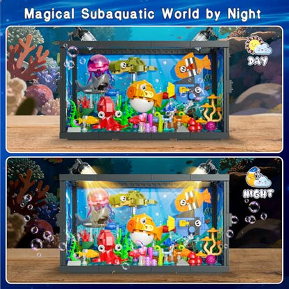 8 in 1 Aquarium Building Sets with Light, Compatible with Lego Fish Tank Building Kits Including Sharks, Turtles, Octopus, Sea Animal Party Favor Toys for Boys Girls Kids Aged 8-12, 640PCS