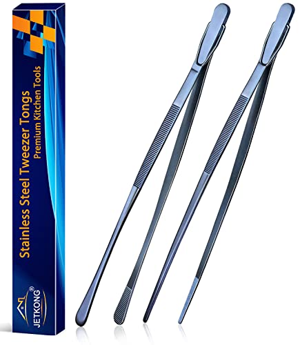 JETKONG 2 Pcs 12-Inch Cooking Tweezer Tongs Stainless Steel Kitchen Tweezers Plating Tongs (Navy Blue) - color: Navy Blue, size: 12+12 Inch