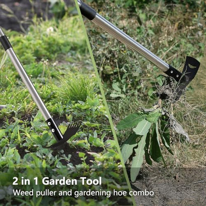 Weed Remover Tool with Long Handle(58IN), 2-in-1 Hand Weed Puller with Rake & Garden Hoe Combo for Gardening, Manual Weeding Tools for Gardens, Yards, Patios, Lawns, and Paved Areas