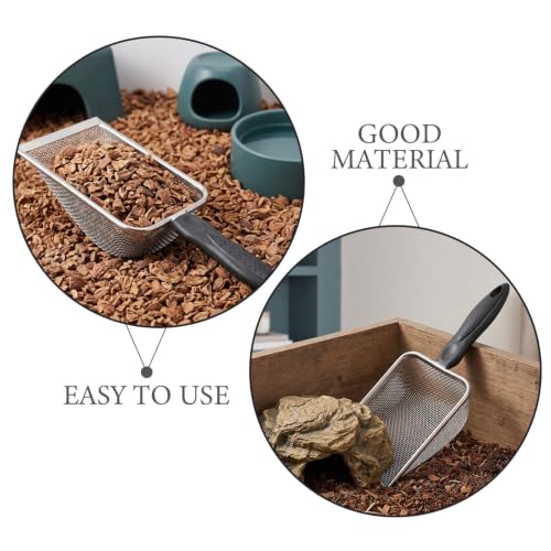 SUPVOX 2pcs Stainless Steel Reptile Sand Substrate Scoop with Antislip Handle and Stainless Steel Mesh for Terrarium and Turtle Tank Cleaning, Smooth Rounded Edges and Arc Shape