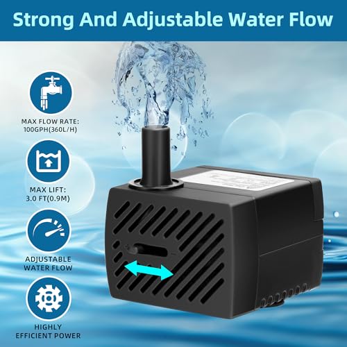 DaToo Mini Submersible Fountain Water Pump With LED Light 95GPH 5W Small Ultra Quiet Water Pump With Tubing For Aquarium Fish Tank Outdoor Pond Water Feature Fountain Statuary - size: 95GPH 5W(4 LED)