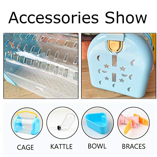 kathson Hamster Cage Travel Carrier Portable Cage with Water Bottle Outgoing Cage and Adjustable Strap Pet Cage for Small Pet Hedgehog Sugar Glider Squirrel Mice（Blue） - size: 9.8"L x 10.0"W x 7.3"H