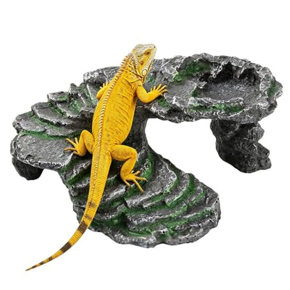 Reptile Hide Cave with Feeding Dish, Basking Platform & Climbing Ledge for Lizards, Natural Rock Style Habitat for Gecko Bearded Dragon Terrarium Decor