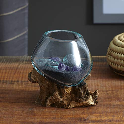 Molten Glass | #650-12 | Molten Glass & Wood Sculpture | Terrarium | Fairy Garden | Approximately 4.5" Wide | Natural Wood and Recycled Glass | - size: Approximately 4.5" Wide