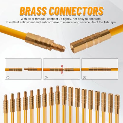 KOOTANS 11FT Fiberglass Running Electrical Wire Cable Glow Rods Wire Pulling Tools Fish Tape Cable Puller Through Wall Snake Fish Rods Kit with Different Attachments - color: 11FT