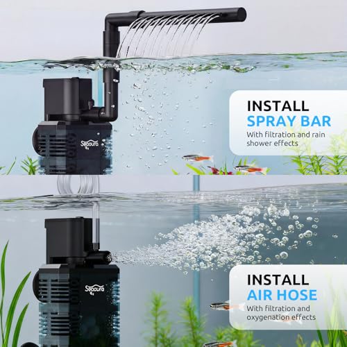 SEAOURA Quiet Internal Aquarium Filter 100GPH Water Pump for 5-15 Gallon Fish Tanks Aeration System | Built-in Aeration Oxygen System Stable Circulation Pump Detachable Washable Filter Sponge Compact Submersible Internal Design