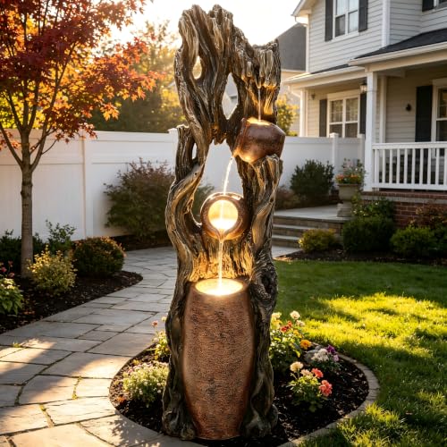 42.7" 3-Tier Outdoor Water Fountain LED Tree Trunk Jar Waterfall | vintage terra-cotta pots, patio backyard garden,Serene Relaxing Porch Decor - color: 43"h Weathered Trunk