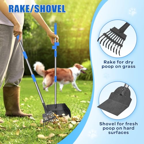 Larger Pooper Scooper Dog Pooper Scooper for Large Medium Small Dogs Heavy Duty Stainless Steel with Long Handle Tray Rake Shovel for Yard - color: 1. Blue