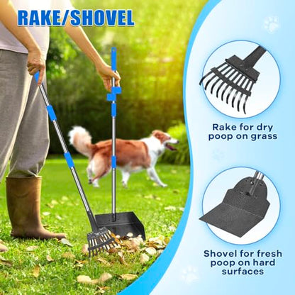 Larger Pooper Scooper Dog Pooper Scooper for Large Medium Small Dogs Heavy Duty Stainless Steel with Long Handle Tray Rake Shovel for Yard - color: 1. Blue