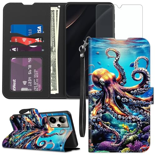 for Cricket Outlast 5G 2024 Wallet case with RFID Blocking Credit Card Holder Kickstand, Folio Flip PU Leather Shockproof Protective Cover for AT&T Motivate Pro 5G, Octopus Swimming - color: Octopus Swimming