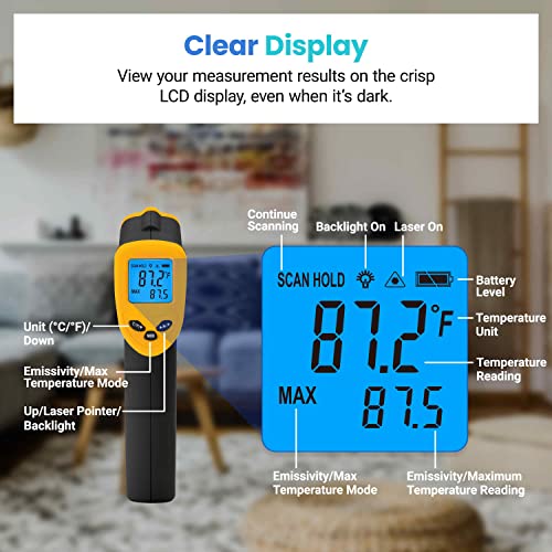 Etekcity Infrared Thermometer Laser Temperature Gun 774 | Cooking, Pizza Oven, Griddle, BBQ, Meat, HVAC, Engine, Adjustable Emissivity, MAX Display, Surface Measurement - color: Light Yellow, style: Classic
