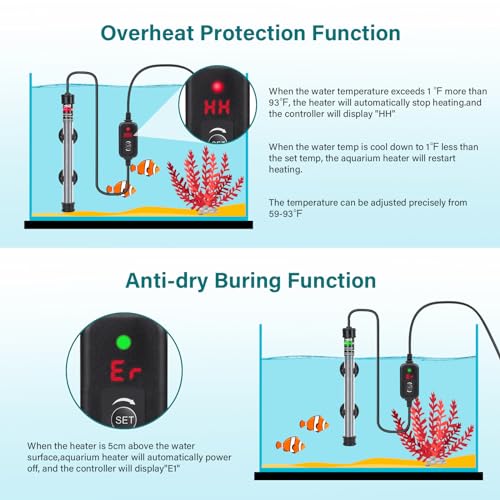hygger Submersible Aquarium Heater, 100W 150W 200W 300W Adjustable Fish Tahk Heater with Temperature Controller, LED Display, Small Aquarium Betta Heater for up to 20/26/40/48 Gallons - size: 300W