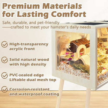 PROLEE Hamster Cage with Curved Design, Chew Proof Wooden Hamsters Enclosure with Leg Stand and Openable Top for Gerbils,Hamster Habitat, 48x20x20 Inch - size: 48.0"L x 20.0"W x 20.0"H